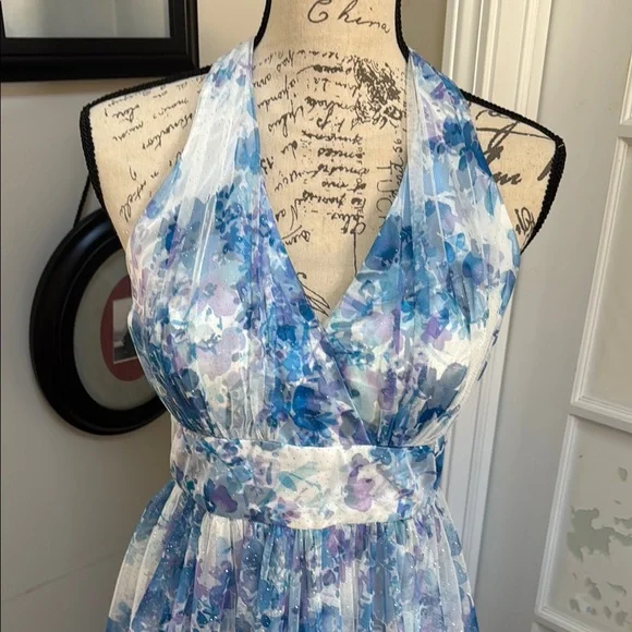 Prom! Elegant Blue Floral Halter Dress - Summer Weddings, Special Occasion - Picture 4 of 8